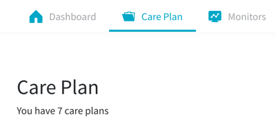 A screenshot of the care plan page with the title text Care Plan and beneath that You have 7 care plans.