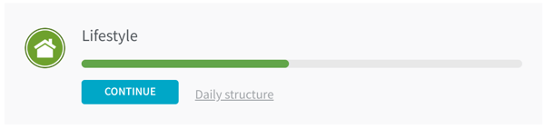 A screenshot of the careplan page, showing the name and icon of the treatment you are working on, a green progress bar and a blue button with the text Continue and next to that, the name of the next step in the treatment.