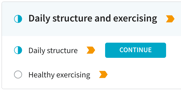 A screenshot of the progress page of a program, showing highlighted steps and a blue button with the text continue.. 