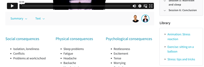 A screenshot of the treatment page showing the video therapist and the icons with which you can select another video therapist. In the column on the right there is a book icon and the text Library. Below that there is a library item for this specific step in the treatment.