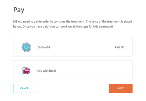 A screenshot of the payment step you encounter when you are working on a selfhelp treatment. It shows the name and price of the treatment and the option to pay for it with iDeal. There are also Cancel and Next buttons.