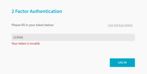 A screenshot of the login page with the form for two-factor authentication. Beneath the form there is an error message in red saying Your token is invalid.