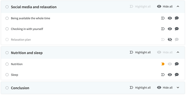 A screenshot of a program page showing several program sessions and steps and all the different states of the icons. 