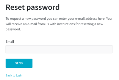 A screenshot of the reset password form, with a text field in which you can enter your email address and a blue button with the text Send.