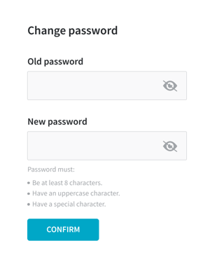 A screenshot of the settings page that shows the form with which you van change your password. It has textboxes for your old password and new password and a blue button with the text Confirm.