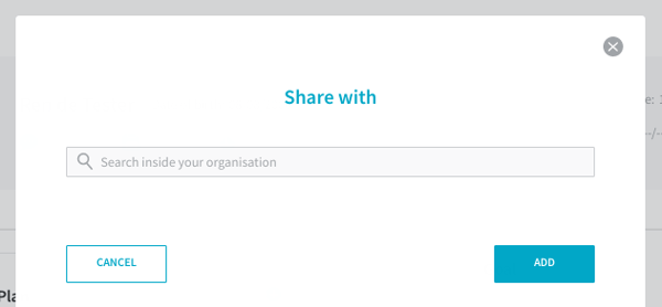 A screenshot of a form with which you can share a care plan with a colleague. There is a search form with the text Search inside your organisation, a white button with the text Cancel and a blue button with the text Add.