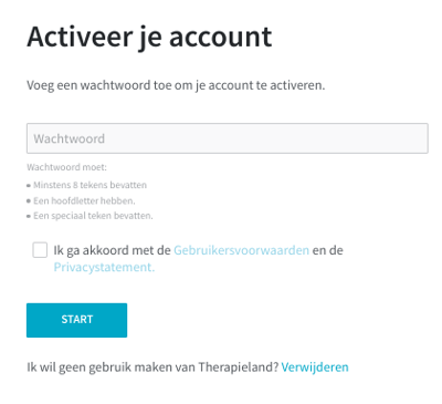 Een formulier om je account te activeren. Er is een tekstveld om een wachtwoord in in te vullen, een checkbox om de voorwaarden te accepteren en een blauwe knop met de tekst Start.