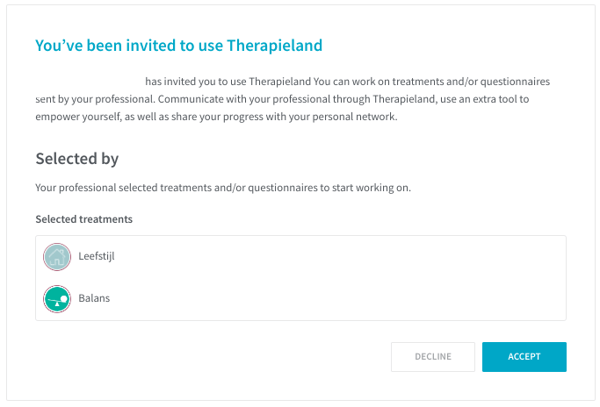 A screenshot of an invitation for treatments and questionnnaires as it is shown after you log in. It shows who you were invited by and for which treatments. There is a grey Decline button and a blue Accept button.