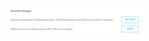 A screenshot of the settings page showing the title Account changes and two buttons: one with the text Deactivate and one with the text Delete. With these buttons you can delete or deactivate your acount.