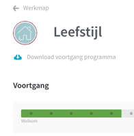Een schermafbeelding van een programma pagina met de naam van het programma, een download icoon en de tekst Download voortgang programma.