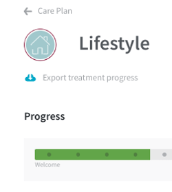 A screenshot of a care plan with the name of the treatment and below that a download icon and the text Export treatment progress. There is also a bar that shows the progress someone has made in the treatment.