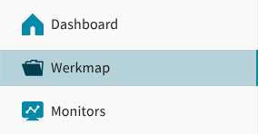 Schermafbeelding van de navigatie van het platform. Er zijn tabbladen voor het dashboard, de werkmap en de monitors.