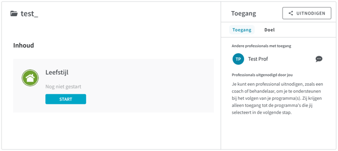 Schermafbeelding van de werkmap pagina. Links staat de naam van de organisatie en daaronder de inhoud van de werkmap. Er staat een programma Leefstijl in de werkmap. In de rechterkolom van de pagina staat de titel Toegang en een knop met de tekst Uitnodigen. Daaronder staat welke professional toegang heeft tot de werkmap. 