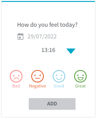 scr_howdo_smileys_20A form with which you can create a monitor entry. The text says How do you feel today? Beneath that you can select a date and one of the four smileys. There is a grey button with the text Add as well.