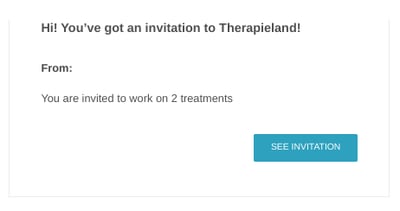 A screenshot of part of an invitation email. The text says Hi! You've got an invitation to Therapieland. There is a blue button with the text See invitation.