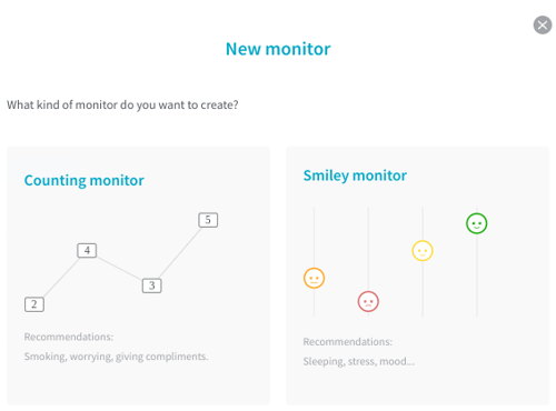 A screenshot of the monitors page showing the types of monitors you can create: a counting monitor or a smiley monitor.
