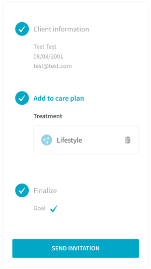 A screenshot of the invitation page showing a resume of all the data you have filled in about the client, the treatments and questionnaires you have added to the care plan and a goal. There is also a blue button with the text Send invitation.