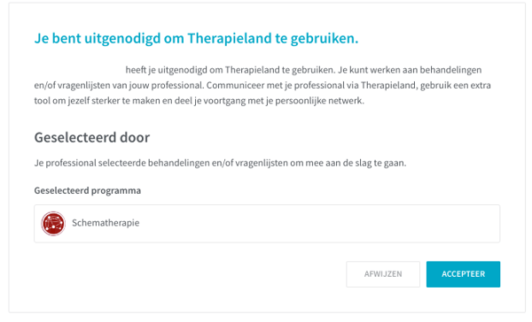 Een schermafbeelding van de melding die je krijgt wanneer je bent uitgenodigd door een professional. Je ziet om welk programma het gaat en wie je heeft uitgenodigd. Verder zijn er knoppen om de uitnodiging af te wijzen en te accepteren.