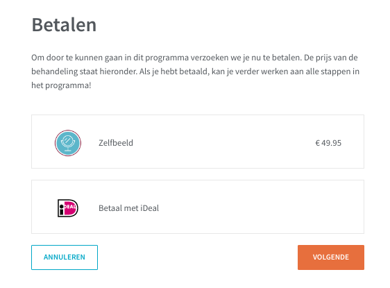 Een schermafbeelding die je te zien krijgt wanneer je zelf voor een programma moet betalen. Je ziet de naam het het programma en de prijs als ook de optie om met iDeal te betalen. Er is een knop met de tekst Annuleren en een knop met de tekst Volgende.