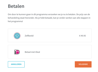 Een schermafbeelding die je te zien krijgt wanneer je zelf voor een programma moet betalen. Je ziet de naam het het programma en de prijs als ook de optie om met iDeal te betalen. Er is een knop met de tekst Annuleren en een knop met de tekst Volgende.