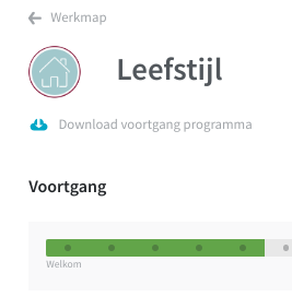 Een schermafbeelding van de werkmap. Je ziet de naam van het programma, een download icoon en de tekst Download voortgang programma. Je ziet ook een deel van de balk die de voortgang in het programma aangeeft.