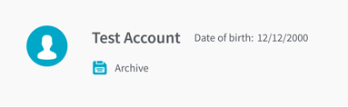 A screenshot of a client profile saying Test account and a date of birth. Beneath the text there's a blue floppy disk icon and the text Archive.