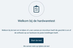 Een schermafbeelding van de startpagina van de hardwaretest voor beeldbellen. Hiermee kun je testen of jouw camera en microfoon geschikt zijn. Er is een blauwe knop met de tekst Start de test.