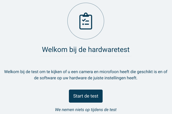 Een schermafbeelding van de startpagina van de hardwaretest voor beeldbellen. Hiermee kun je testen of jouw camera en microfoon geschikt zijn. Er is een blauwe knop met de tekst Start de test.