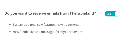 A form with which you can set whether or not you want to receive emails from Therapieland by means of an on and off switch.