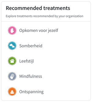In black, the title 'Recommended treatments' with underneath that the text 'Explore treatments recommended by your organization. Below that is a list of 5 treatments.