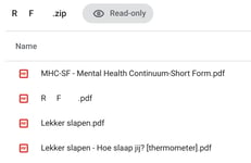 Een schermafbeelding van een zip bestand met daarin vier pdf's van vragenlijsten en programma's.
